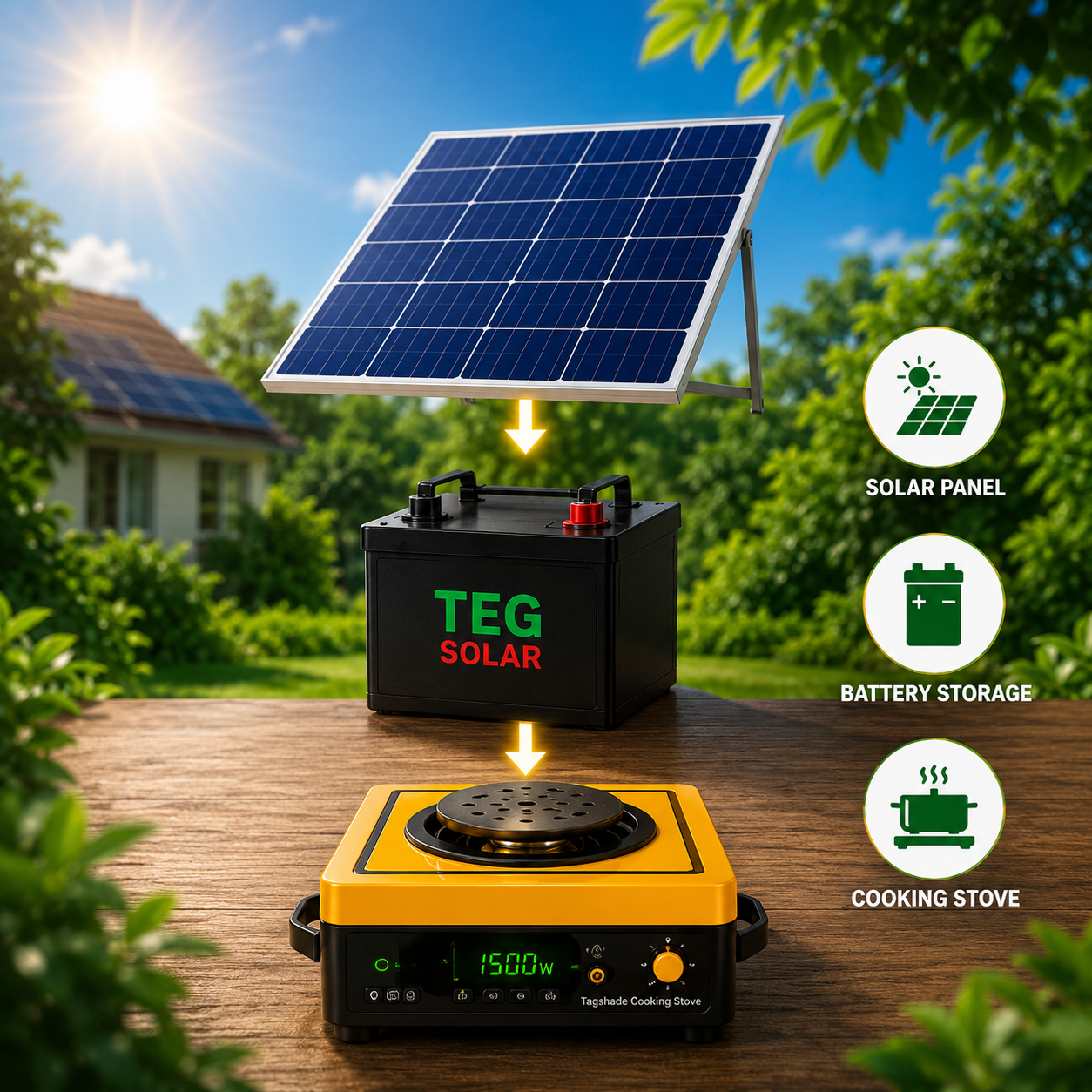 How Teg Solar works — solar panel to battery storage to cooking stove